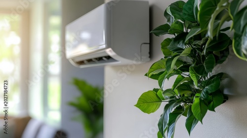 Air conditioning unit mounted on a wall beside lush green indoor plants, creating a refreshing atmosphere in a modern living space with natural light