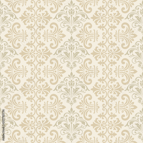 Classic cream damask seamless pattern background with elegant vertical baroque floral ornaments, vector for classic interior wallpaper, luxury textiles, and backdrop designs.