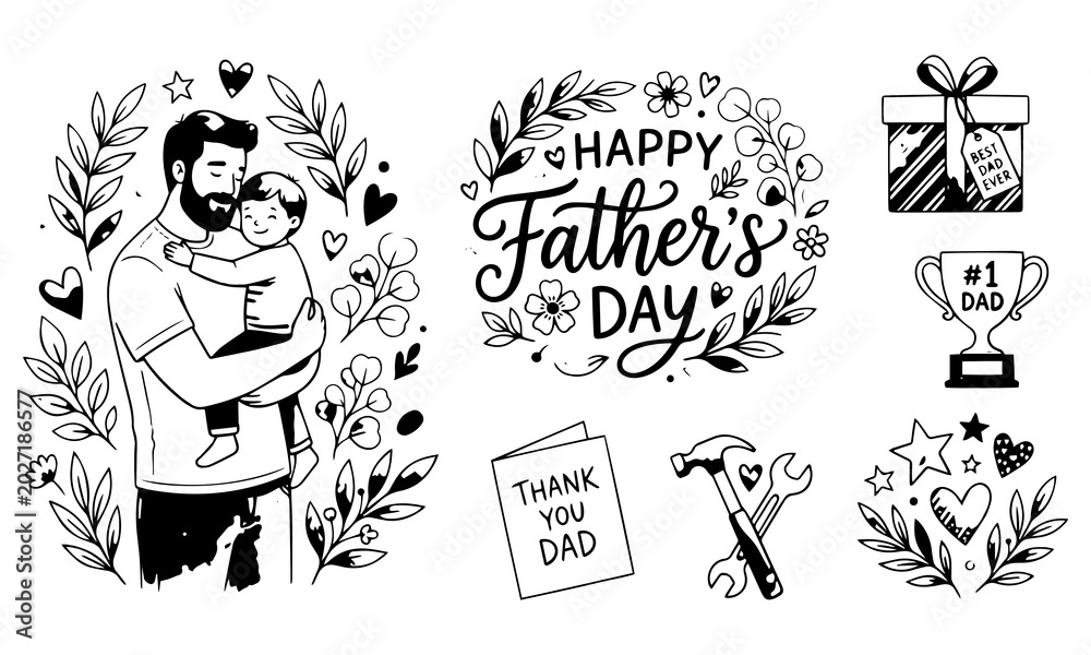 Fototapeta premium Happy Father’s Day Illustration Of Father Hugging Son With Gift And Trophy PNG