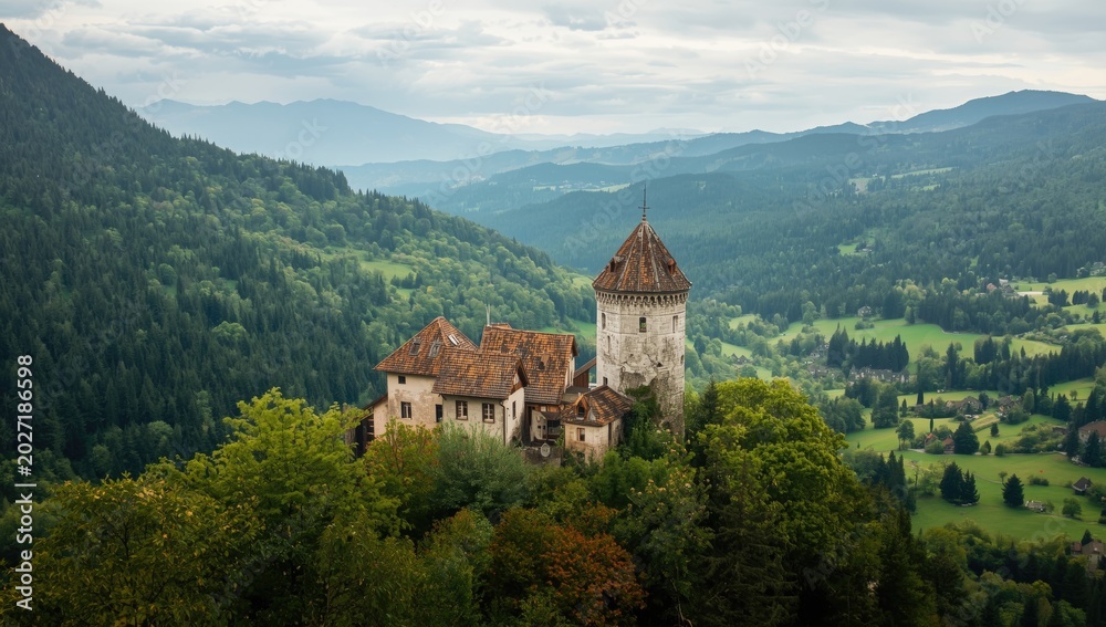 Fototapeta premium Ancient Castle Ruins Nestled in Lush Summer Forest Mountain Landscape, Mystical Vibe, Aerial View