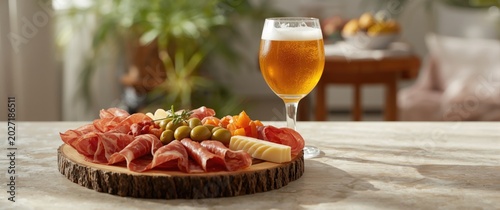 Classic Tapas Platter with Cured Meats and Cheese Rustic Table Setting, Warm Light, Refreshing Beer