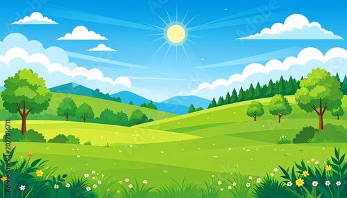 Lush Green Landscape with Rolling Hills and Sunny Sky.