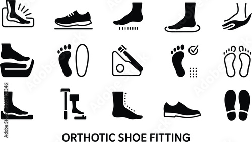 Vector illustration of orthotic shoe fitting icon set featuring foot care orthopedic insoles podiatry medical treatment black glyph silhouettes