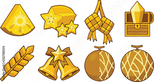 Photos Golden Yellow Vector Icon Set Featuring Pineapple Slice, Carambola Star Fruit, K