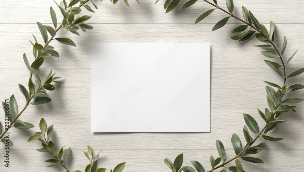 Naklejka premium Clean white invitation card mockup with natural lagurus on a light wood surface