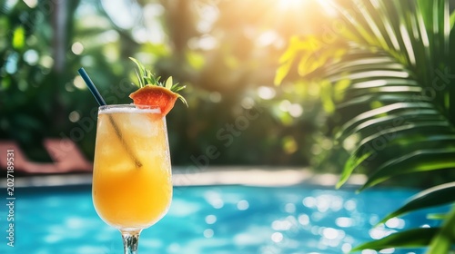 Refreshing tropical cocktail in a glass with a slice of fruit and a straw, set against a vibrant poolside backdrop with lush greenery and sunlight filtering through