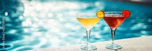 Colorful cocktails in elegant glasses sit on a sunlit poolside, showcasing vibrant hues and garnishes, inviting relaxation and enjoyment in a summer atmosphere