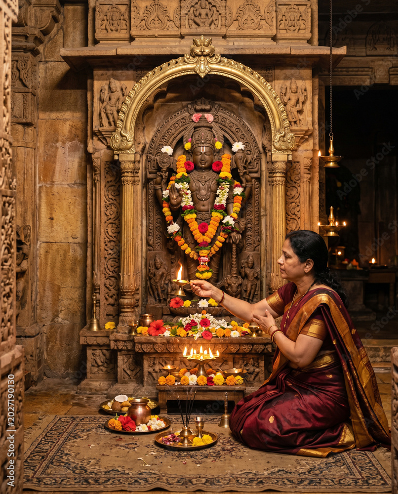 Fototapeta premium Family Worshiping, OLD Hindu temple in India