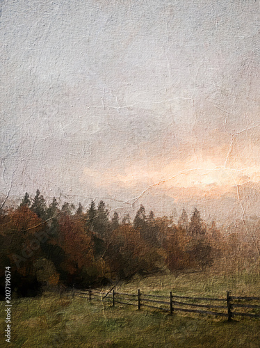 Εκτύπωση καμβά A tranquil impressionist painting depicting a sunrise over rolling misty fields with scattered trees and a wooden fence, evoking a peaceful countryside atmosphere in soft watercolor tones