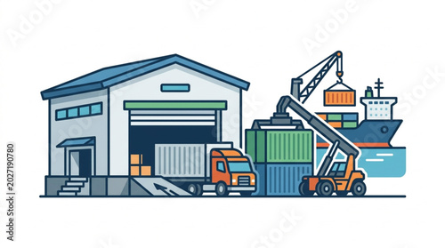 Shipping warehouse with crane loading containers onto cargo ship and truck.