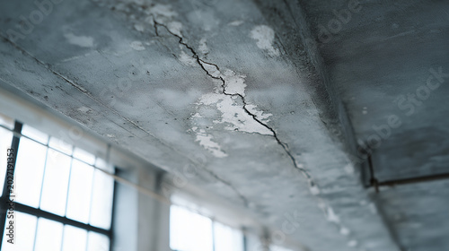 Water leak causing crack in concrete ceiling. Damaged building infrastructure with structural problem. Dampness and peeling paint from moisture seepage in room interior. Ceiling repair.