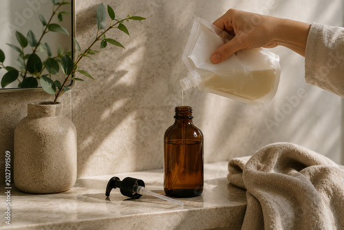 Natural skincare refill routine with amber glass pump bottle