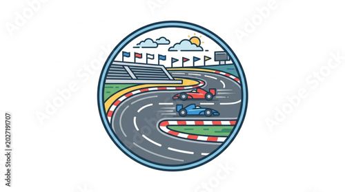Photos Racing cars on a winding track with grandstands and flags.