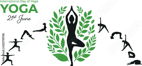 International day of yoga silhouette poster with various yoga poses