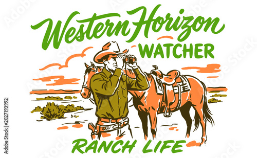 Bilde på lerret Western horizon watcher ranch life vintage illustration