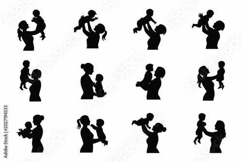Photos Silhouettes of mothers tenderly holding and lifting their babies in various joyf