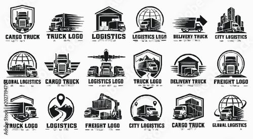 Freight Logistics Industrial Logo Template Sheet with Bold Emblems, Industrial Lettering, Badge Marks, Business Identity Layouts, Label Graphics and Commercial Branding Elements