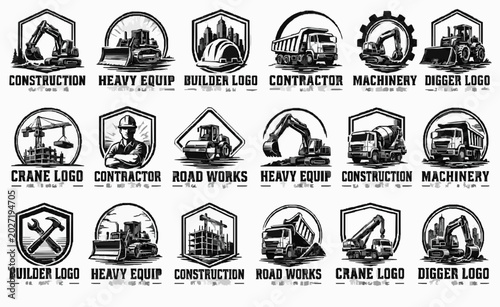 Heavy Equipment Construction Logo Template Sheet with Bold Emblems, Industrial Lettering, Badge Marks, Business Identity Layouts, Label Graphics and Commercial Branding Elements