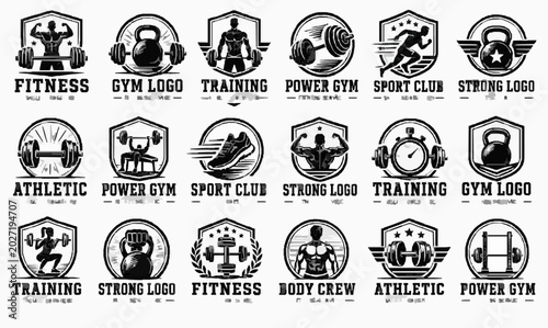 Fitness Gym Athletic Logo Template Sheet with Bold Emblems, Industrial Lettering, Badge Marks, Business Identity Layouts, Label Graphics and Commercial Branding Elements