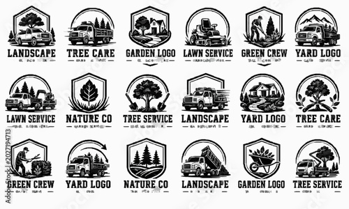 Landscaping Tree Care Logo Template Sheet with Bold Emblems, Industrial Lettering, Badge Marks, Business Identity Layouts, Label Graphics and Commercial Branding Elements
