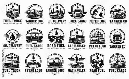 Fuel Tanker Transport Logo Template Sheet with Bold Emblems, Industrial Lettering, Badge Marks, Business Identity Layouts, Label Graphics and Commercial Branding Elements
