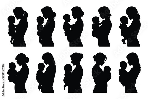 Ten diverse silhouette illustrations of tender mother and child moments showcasing intimate bonding in various affectionate poses against a clean white background