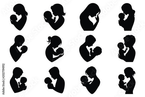 Schilderij op canvas Twelve unique silhouettes of adults tenderly embracing and holding infants in di
