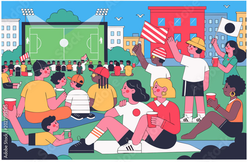 Diversity crowd watching football match on large screen projector outdoor. Community sport event, men, women, kid celebration. Vector illustration