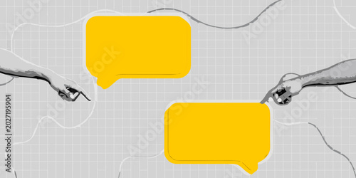 Speech bubble collage with hands pointing graphic illustration