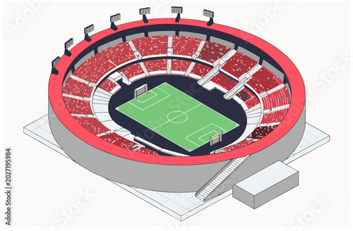Isometric football stadium with green pitch and red spectator seats isolated on white background. Sport arena icon. Live stadium supporter energy concept. Vector illustration