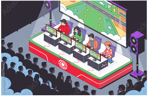 eSports team gaming on stage with audience and large screen. Modern digital fan culture, streaming. Vector isometric illustration for banner, website