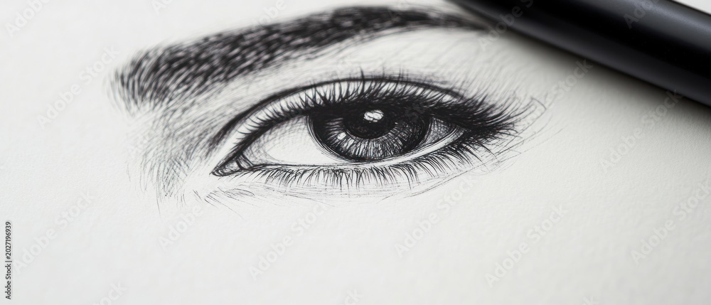 Obraz premium Detailed pen and ink eye drawing monochrome illustration close up view black and white fine art