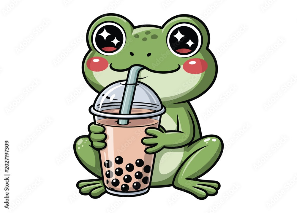 Fototapeta premium Cute cartoon frog drinking bubble tea with straw on transparent background.