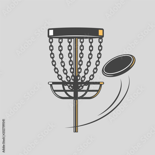 Disc golf basket and flying disc vector illustration
