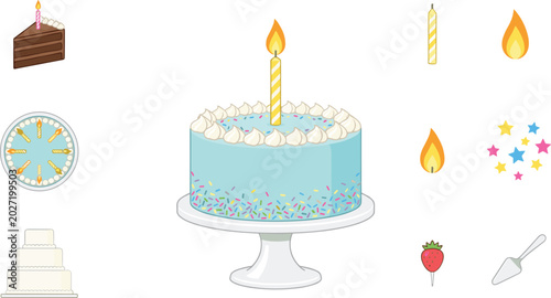 Tableau sur toile Birthday Cake Celebration Collection Vector Illustration with Candles Sprinkles
