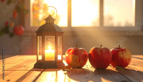 Rustic autumn scene apples & lantern on wooden table bathed in golden sunlight
