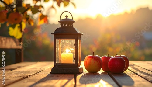 Lantern and apples on a wooden table basked in golden autumn sunset light
