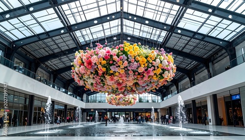 Floral spheres suspended inside a modern structure with glass ceiling