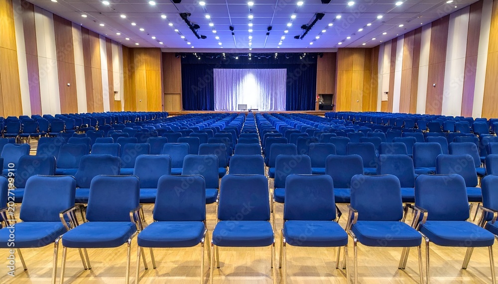 Naklejka premium Auditorium with blue seating facing a stage with dark curtains