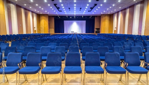 Auditorium with blue seating facing a stage with dark curtains