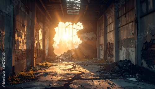 Ruined building interior, sunlight streaming through a large hole