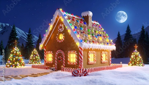 Lit gingerbread house in snowy landscape with Christmas trees and full moon