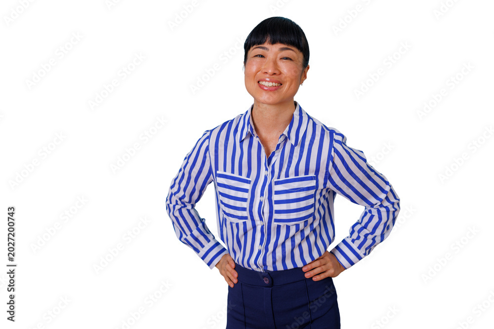 Fototapeta premium Confident asian woman standing with hands on hips, smiling, wearing a blue and white striped shirt. Transparent background