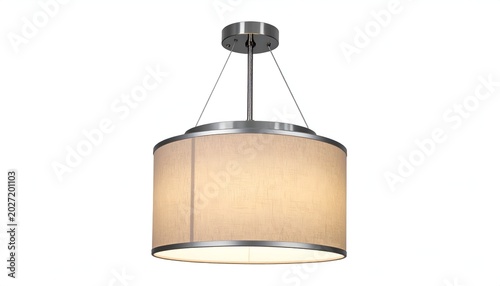 Cylindrical lampshade with metal trim and hanging from ceiling fixture