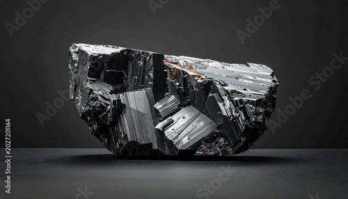 Shiny, angular block of dark mineral rock with fractured texture on dark surface