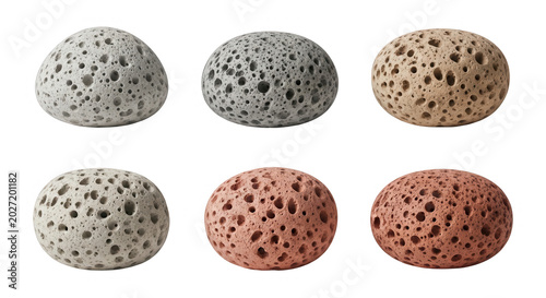 close-up of six colorful pumice stones isolated on a white background highlighting texture likely for spa or skincare product visuals