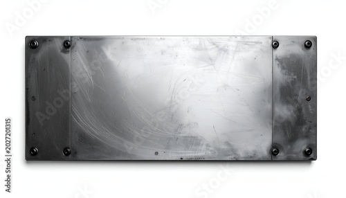 Metal plate with screws. Grey, shiny, industrial look. Isolated on white