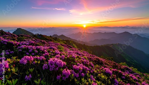 Floral hill at sunset with purple flowers, ridgelines, mountains, and warm colors