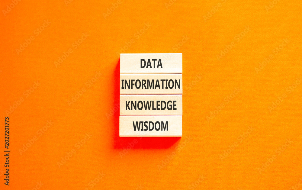 Naklejka premium Knowledge Wisdom symbol. Concept words Data Information Knowledge Wisdom on beautiful wooden blocks. Beautiful orange background. Business Knowledge Wisdom Information concept. Copy space.