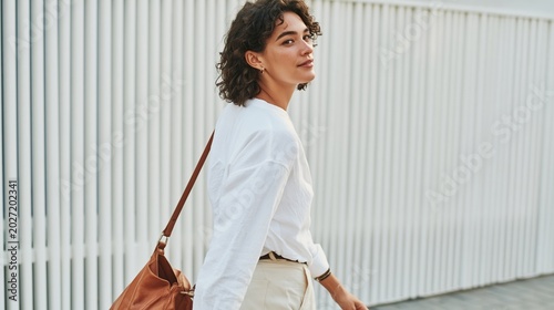 Young Woman Walking on Street in White Blouse and Beige Pants